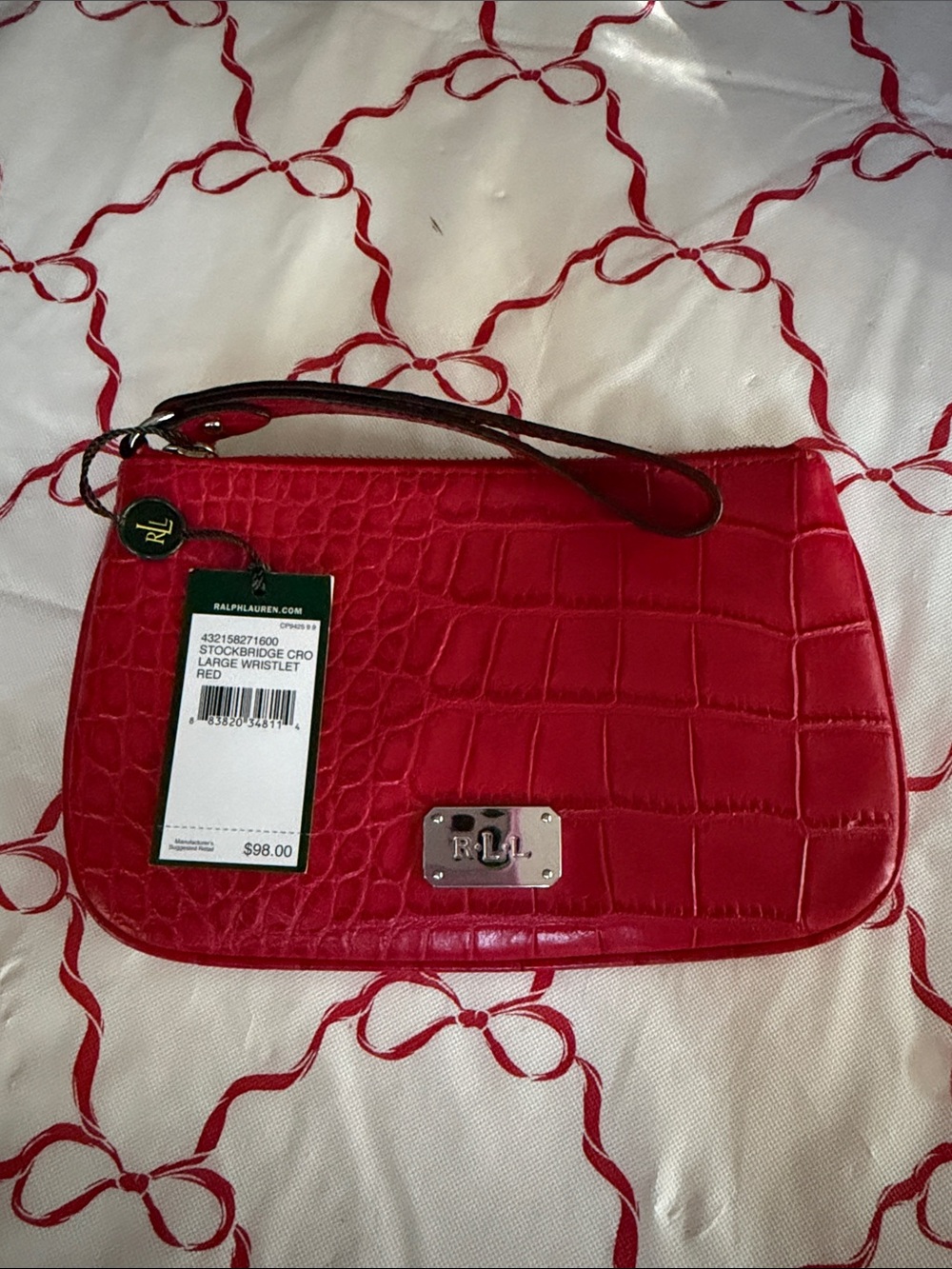 NWT Ralph Lauren Red Croc-Embossed Wristlet, zip top, simply beautiful